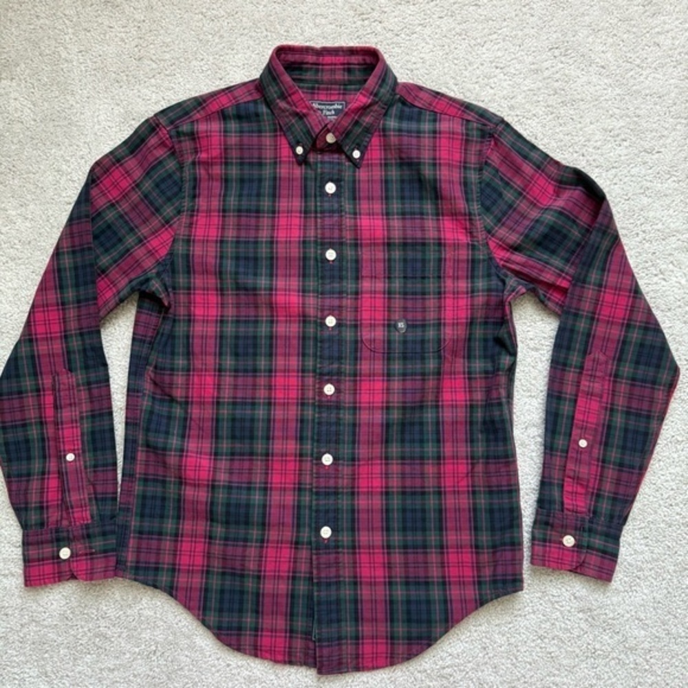 Abercrombie & Fitch New Men Red and Green Plaid Long Sleeve Shirt Sz XS